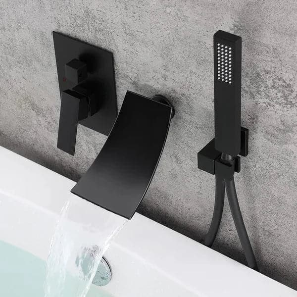 Waterfall Wall-Mount Tub Filler Faucet Single Handle and Handshower Matte Black