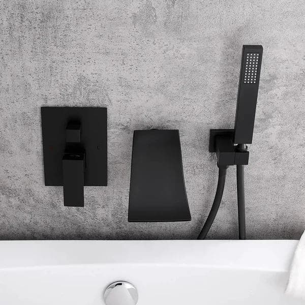 Waterfall Wall-Mount Tub Filler Faucet Single Handle and Handshower Matte Black