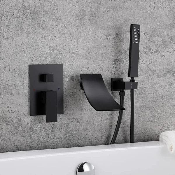 Waterfall Wall-Mount Tub Filler Faucet Single Handle and Handshower Matte Black