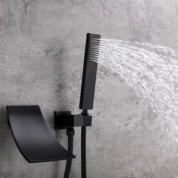 Waterfall Wall-Mount Tub Filler Faucet Single Handle and Handshower Matte Black