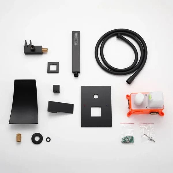 Waterfall Wall-Mount Tub Filler Faucet Single Handle and Handshower Matte Black