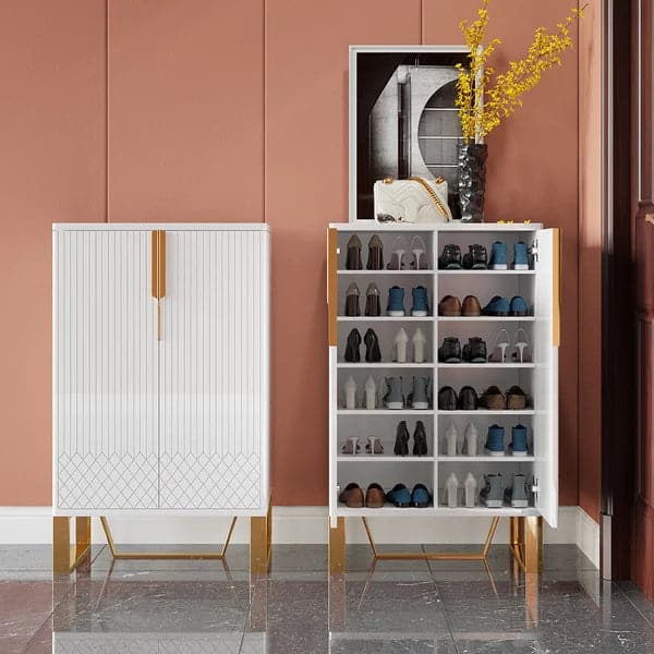 White Modern Shoe Cabinet with Doors Entryway Cabinet for Shoes
