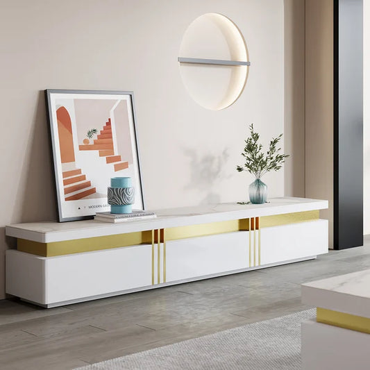 Meuble TV blanc en pierre frittée, console multimédia, 3 tiroirs de rangement pour téléviseur jusqu'à 85"