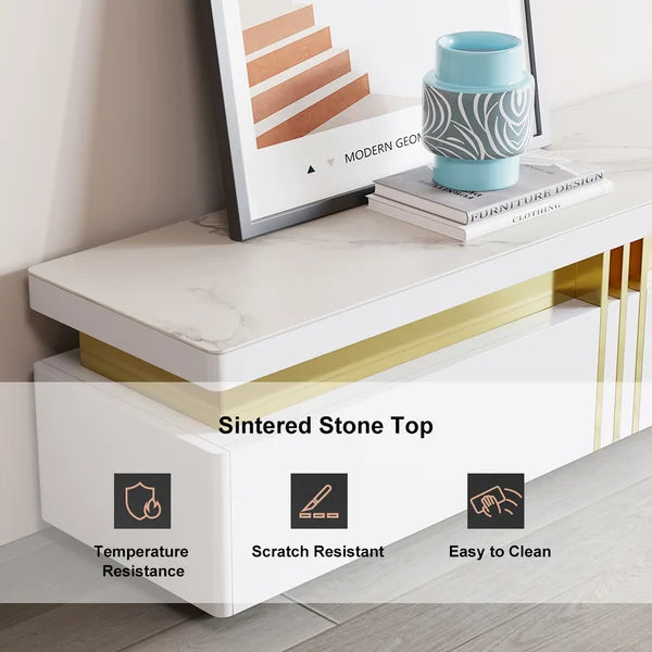 Meuble TV blanc en pierre frittée, console multimédia, 3 tiroirs de rangement pour téléviseur jusqu'à 85"