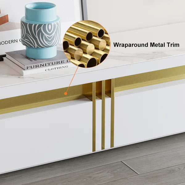 Meuble TV blanc en pierre frittée, console multimédia, 3 tiroirs de rangement pour téléviseur jusqu'à 85"