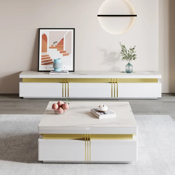 Meuble TV blanc en pierre frittée, console multimédia, 3 tiroirs de rangement pour téléviseur jusqu'à 85"