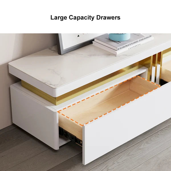 Meuble TV blanc en pierre frittée, console multimédia, 3 tiroirs de rangement pour téléviseur jusqu'à 85"