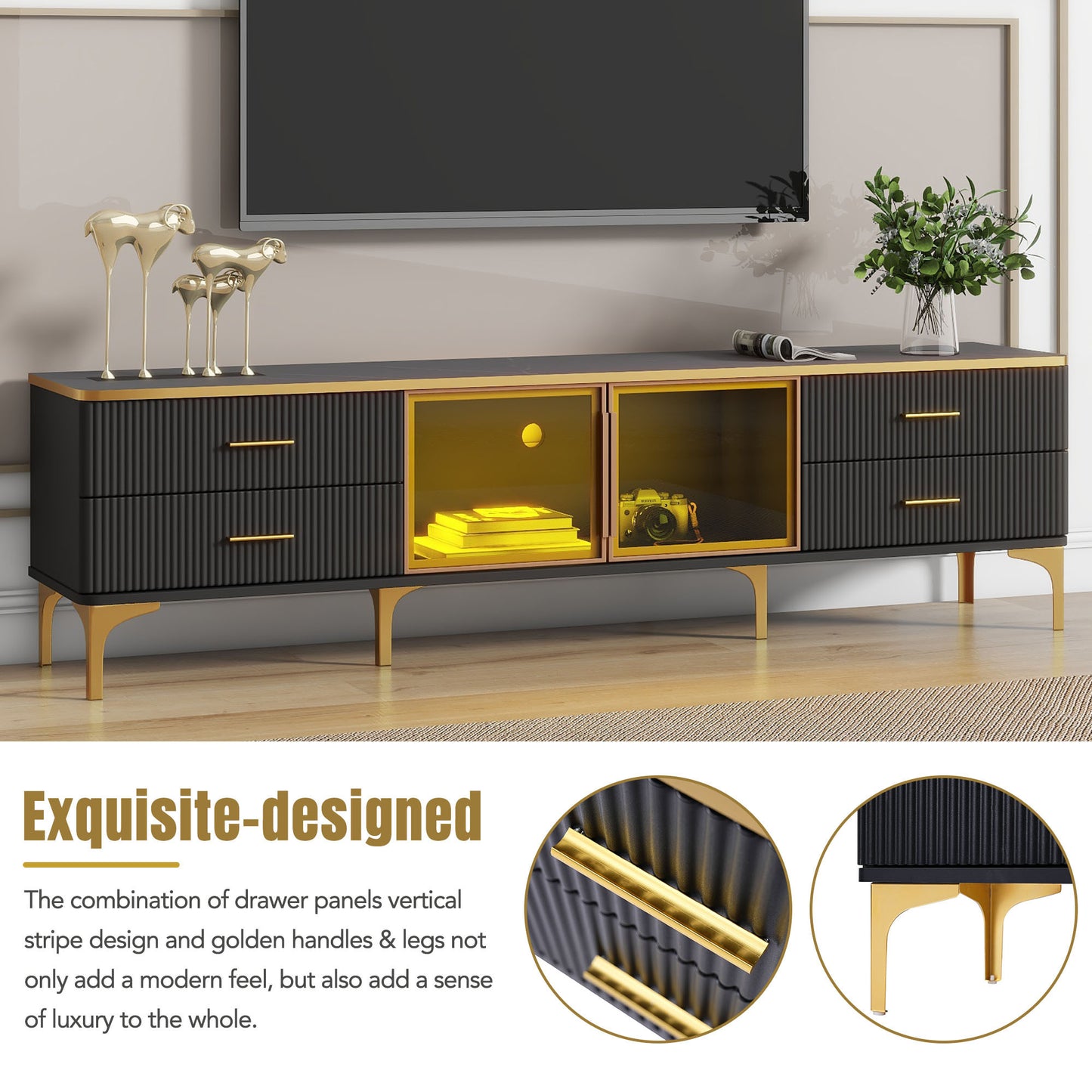 ON-TREND Meuble TV LED élégant avec plateau en marbre veiné pour téléviseurs jusqu'à 78", centre de divertissement avec armoire de rangement en verre marron, pieds et poignées dorés pour le salon, noir