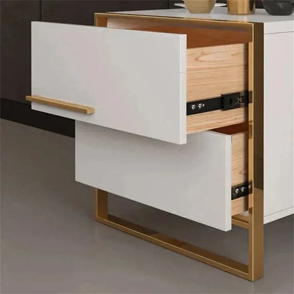 Modern 2 Drawers White Lacquer Nightstand Square Bedside Table in Gold Left