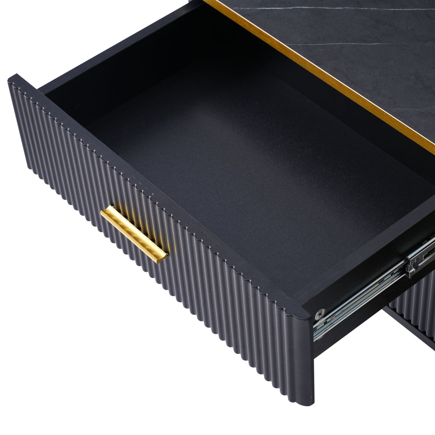 ON-TREND Meuble TV LED élégant avec plateau en marbre veiné pour téléviseurs jusqu'à 78", centre de divertissement avec armoire de rangement en verre marron, pieds et poignées dorés pour le salon, noir