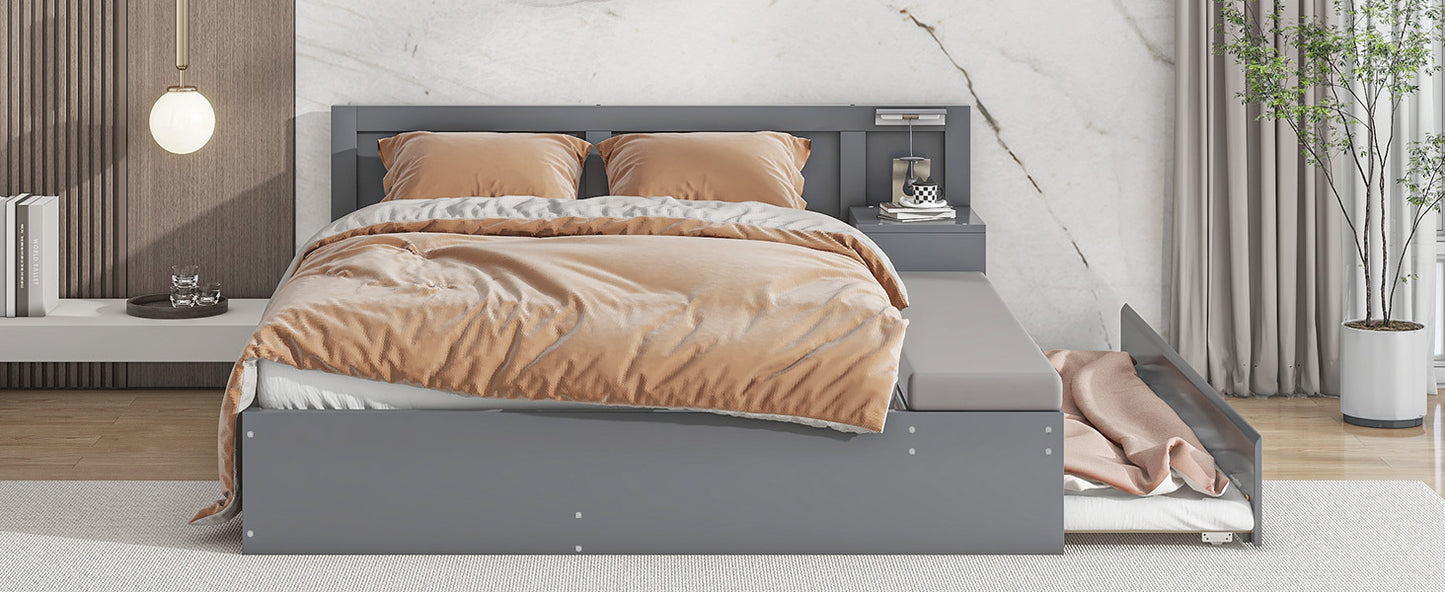 Lit plateforme hydraulique pleine grandeur avec rangement en bois avec lit gigogne double, table d'appoint et salon, gris