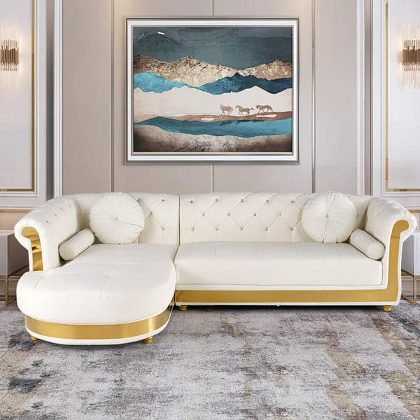 Modern L-Shaped White Corner Sectional Sofa 5-Seater Loveseat with Chaise Pillows