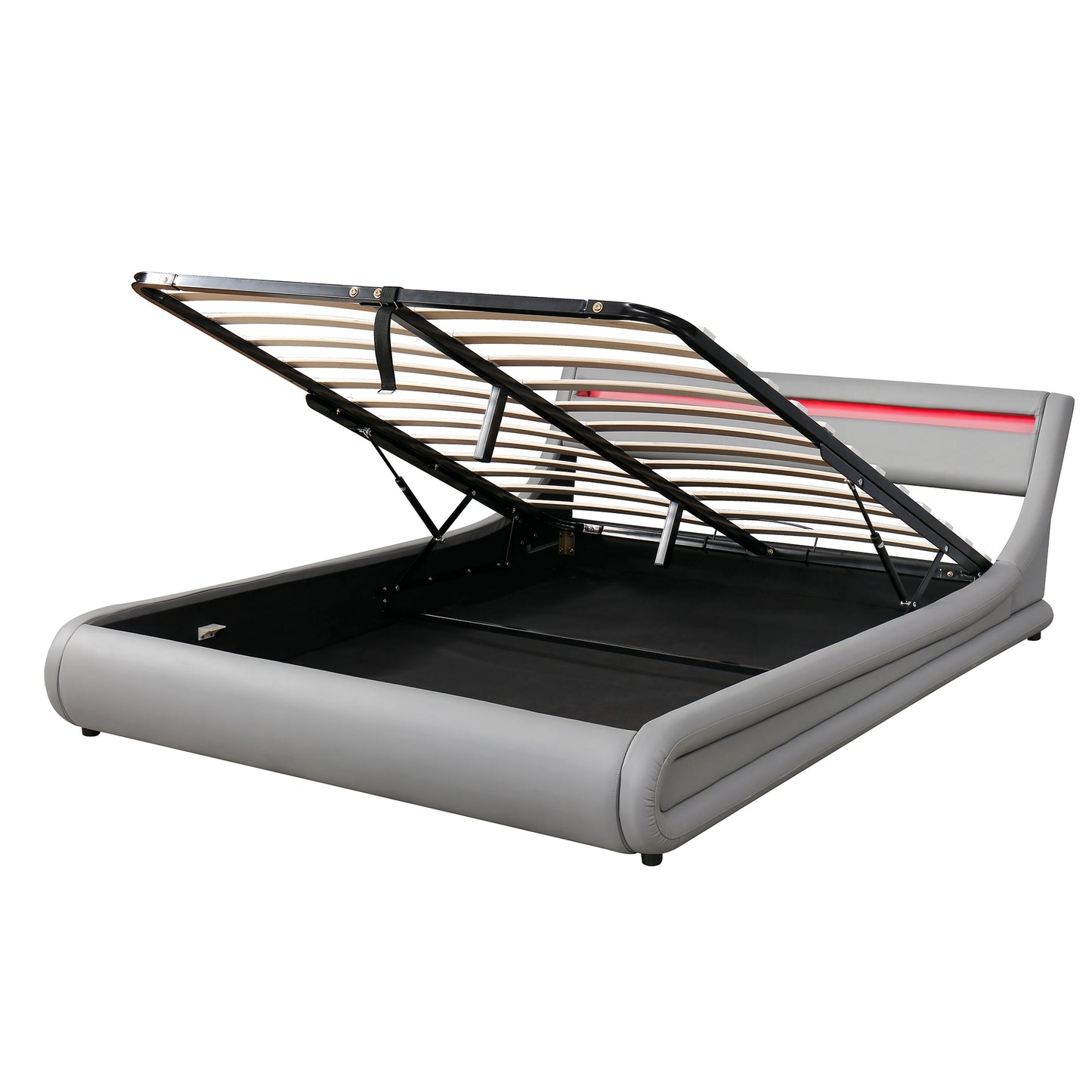 Lit plateforme rembourré en similicuir avec système de rangement hydraulique et tête de lit à lumière LED, cadre de lit à lattes Queen Size