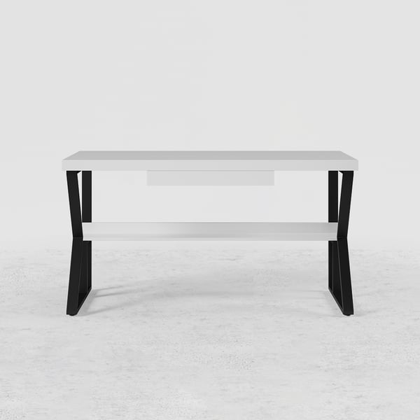 White Wooden Writing Desk Computer Desk with Shelf & Drawer Black Legs