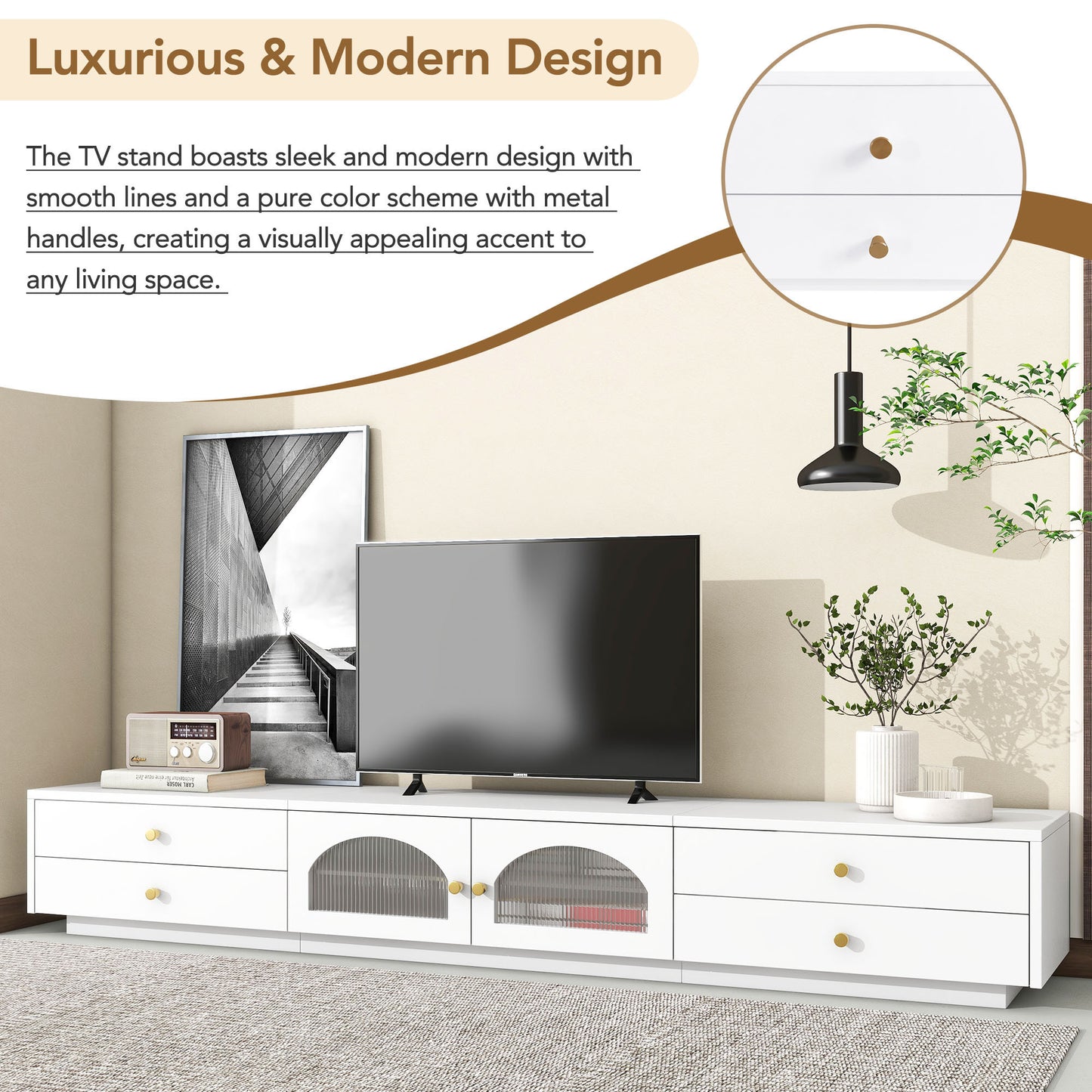 ON-TREND Meuble TV luxueux avec portes en verre cannelé, console multimédia élégante et fonctionnelle pour téléviseurs jusqu'à 95", meuble TV avec étagère en verre trempé avec plusieurs options de rangement, blanc