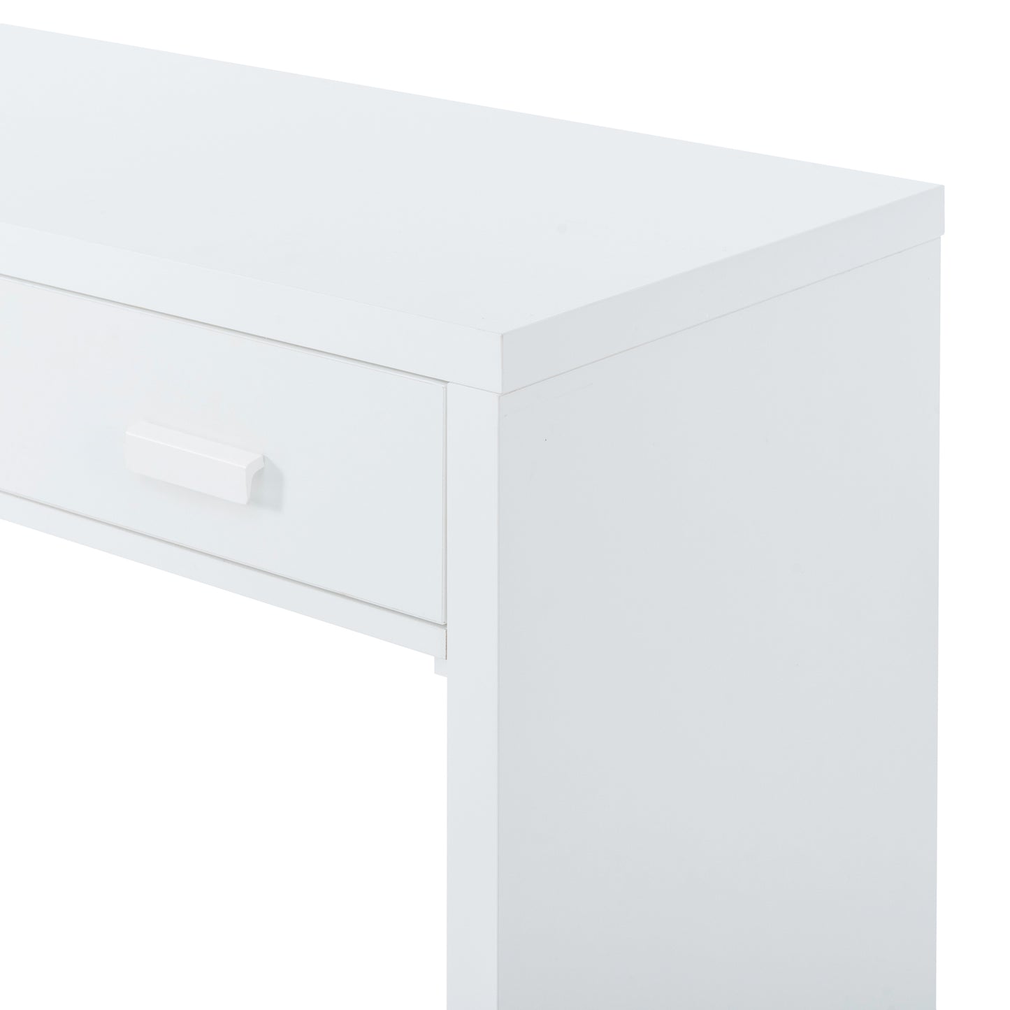 TREXM Modern Minimalist Console Table with Open Tabletop and Four Drawers with Metal Handles for Entry Way, Living Room and Dining Room (White)