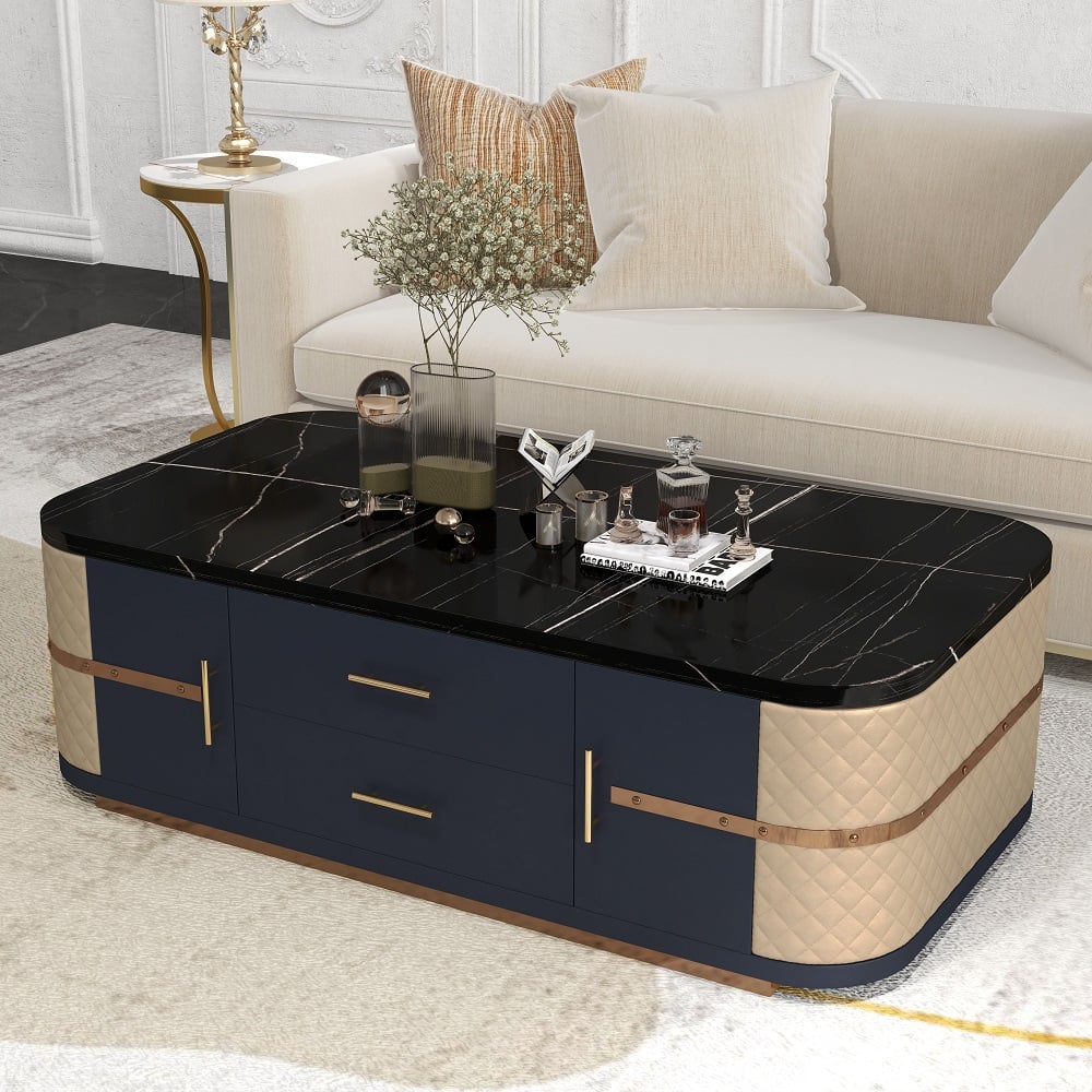 Modern Marble Coffee Table with Storage in Black