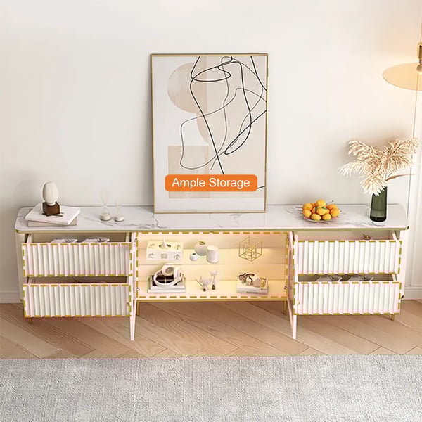 Meuble TV en pierre cannelée avec porte en verre blanc de 80", meuble multimédia en bois pour téléviseur de 85" avec tiroirs