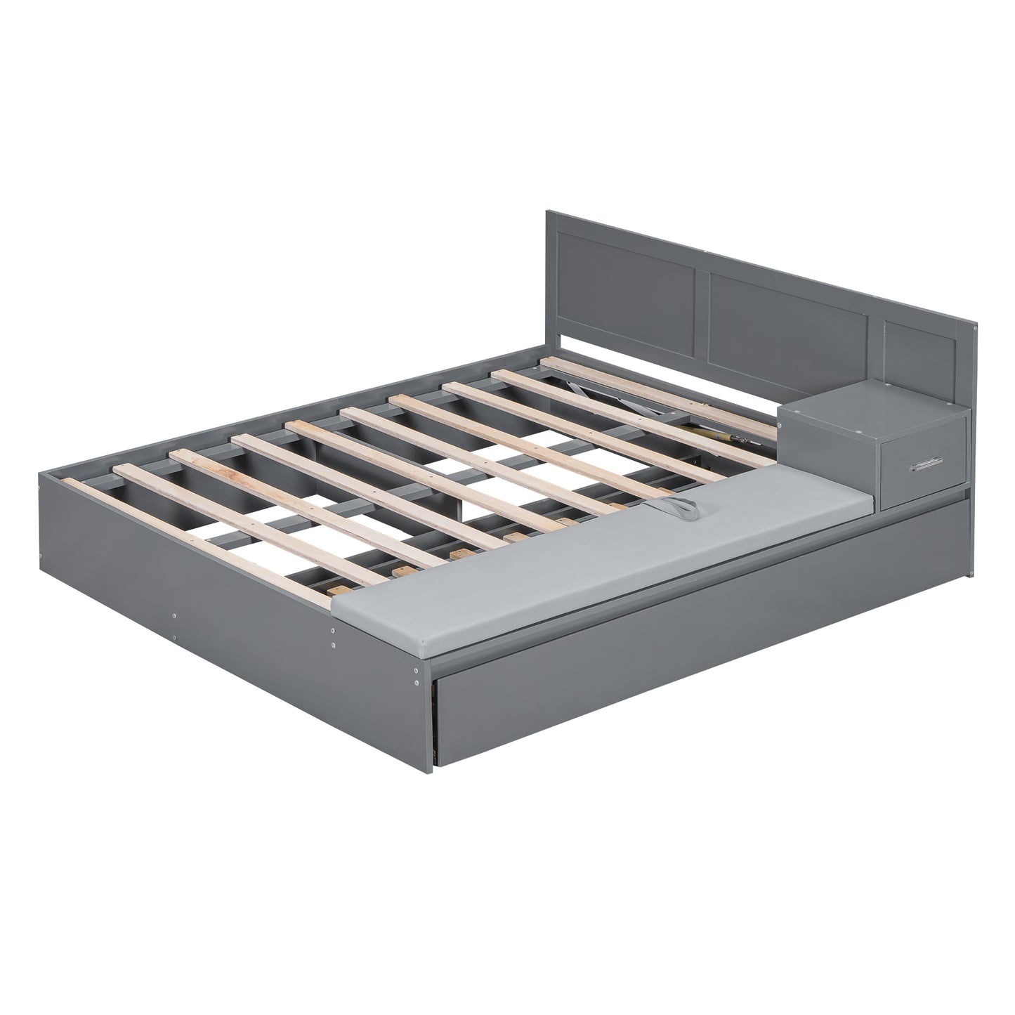 Lit plateforme hydraulique pleine grandeur avec rangement en bois avec lit gigogne double, table d'appoint et salon, gris