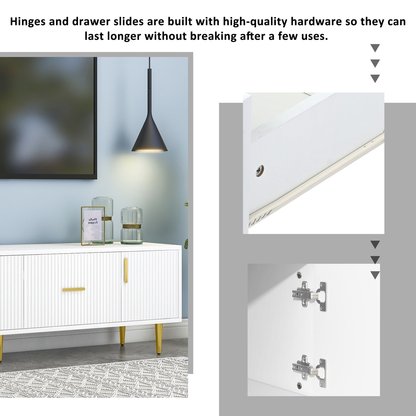 Meuble TV moderne U-Can avec 5 pieds champagne – Durable, élégant et spacieux, téléviseurs jusqu'à 75''