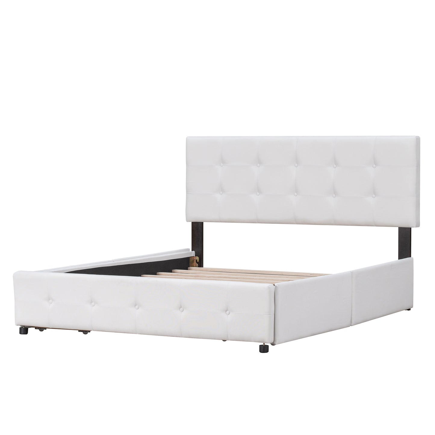 Lit plateforme rembourré avec tête de lit classique et 4 tiroirs, aucun sommier tapissier nécessaire, tissu en lin, Queen Size blanc