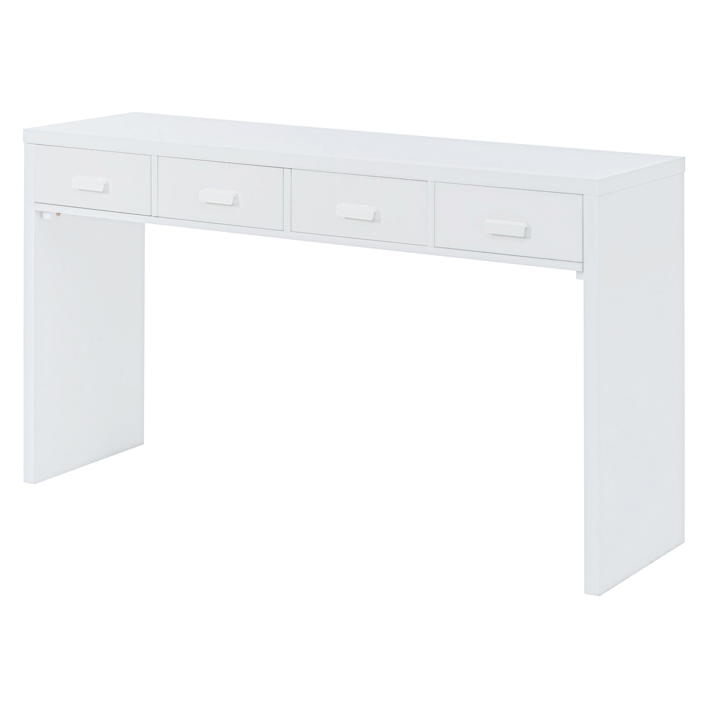 TREXM Modern Minimalist Console Table with Open Tabletop and Four Drawers with Metal Handles for Entry Way, Living Room and Dining Room (White)