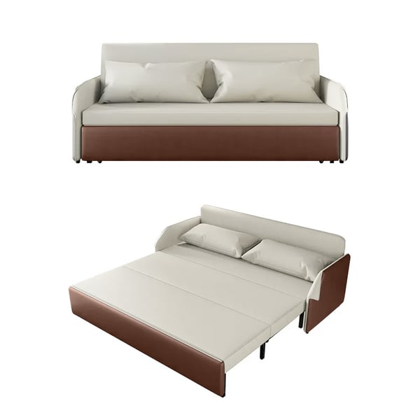 77 Inches Modern Beige & Brown Convertible Storage Full Sleeper Sofa Leath-Aire Upholstery