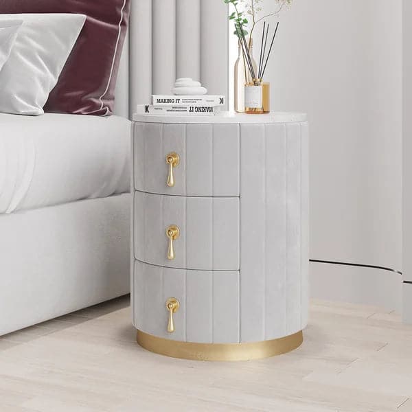 Modern Nightstand Gray Round Nightstand with 3 Drawers Nightstand with Storage