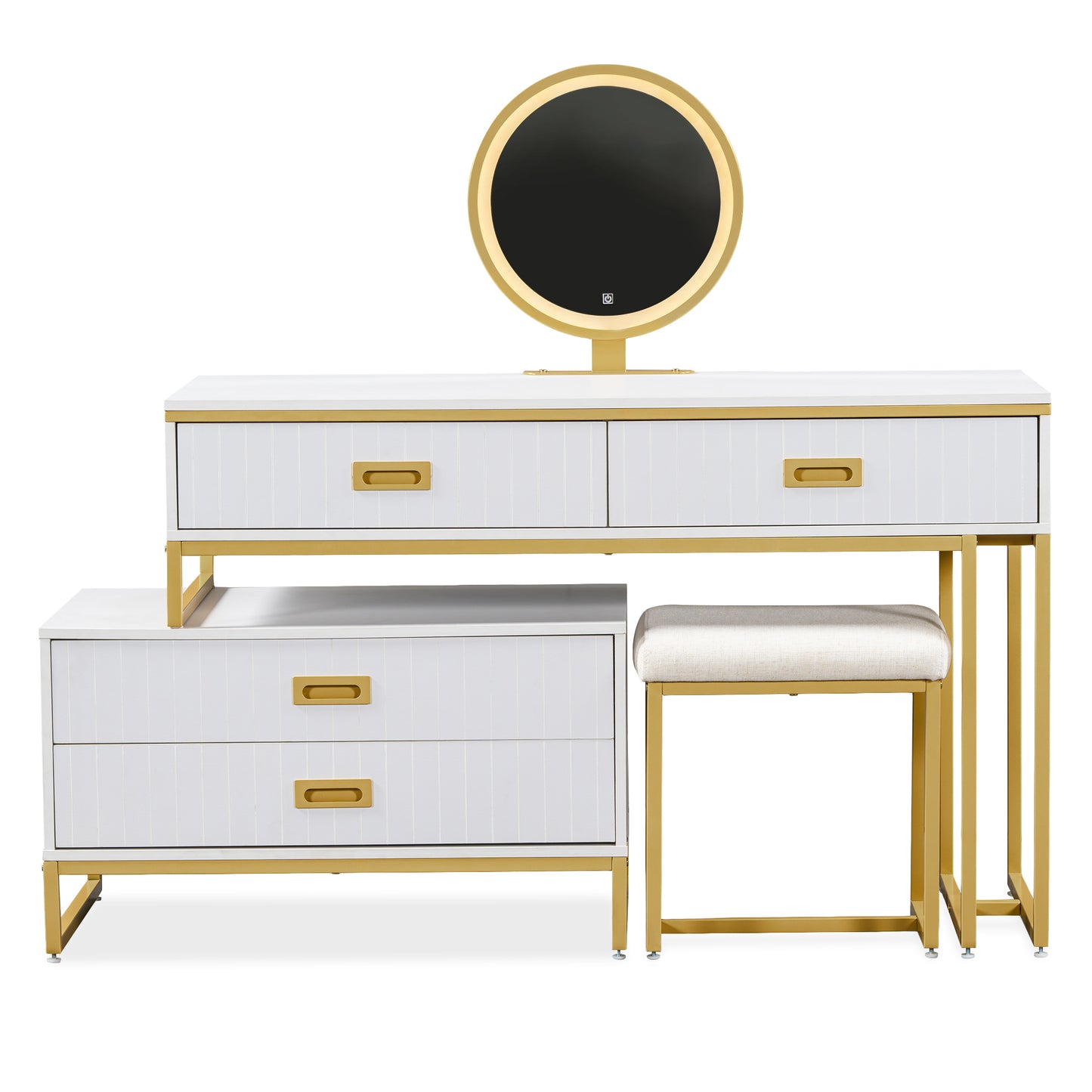 Modern Style Vanity Table With Movable Side Cabinet And 4-Drawers, Large Size Dressing Table With Mirror and 3-colors LED Light, Makeup Table With Stool, White, Golden Legs