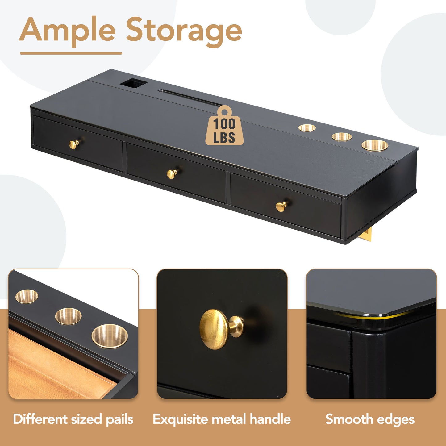 GO Étagère flottante de 119,4 cm avec tiroir, coiffeuse murale polyvalente, bureau monté, table flottante pour chambre à coucher, salle de bain, coiffeur, noir et doré