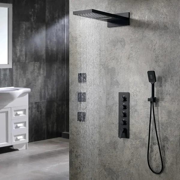 Wall Mounted Waterfall Rain Thermostatic Shower System with 3 Body Sprays in Matte Black