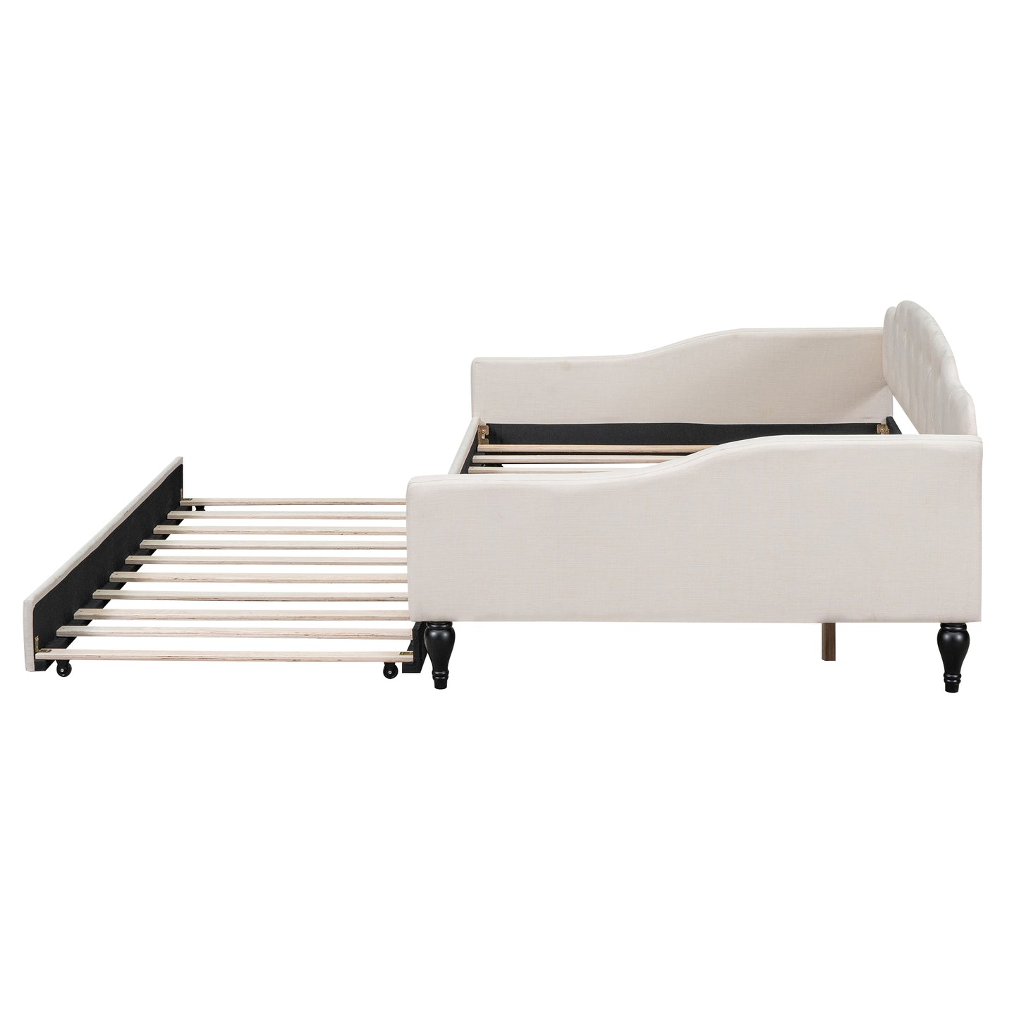 Lit de repos capitonné pleine taille avec lit gigogne simple, beige