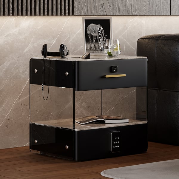 Modern Black Smart Leather Nightstand with Light & Sintered Stone Top & Fingerprint Lock