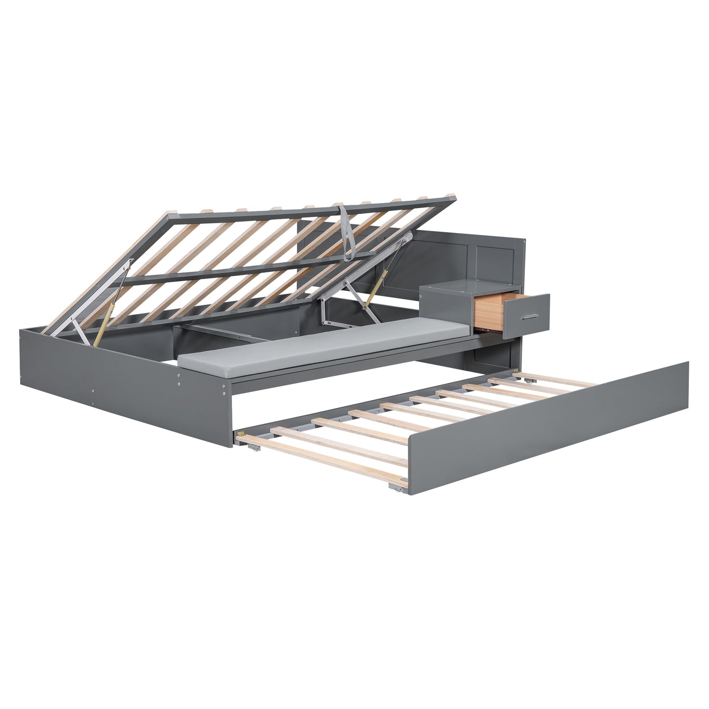 Lit plateforme hydraulique pleine grandeur avec rangement en bois avec lit gigogne double, table d'appoint et salon, gris