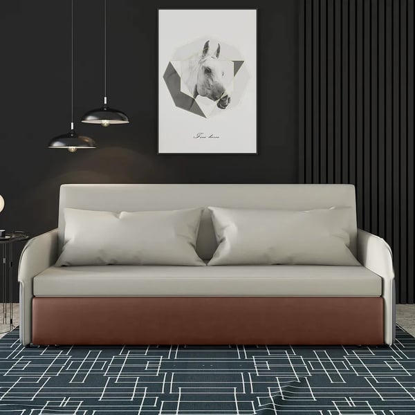 77 Inches Modern Beige & Brown Convertible Storage Full Sleeper Sofa Leath-Aire Upholstery