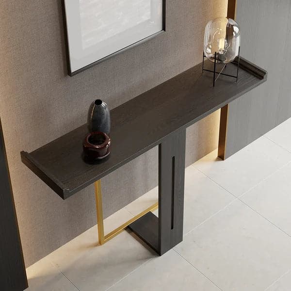39" Narrow Console Table for Entryway Foyer Black Solid Wood & Gold Metal in Large