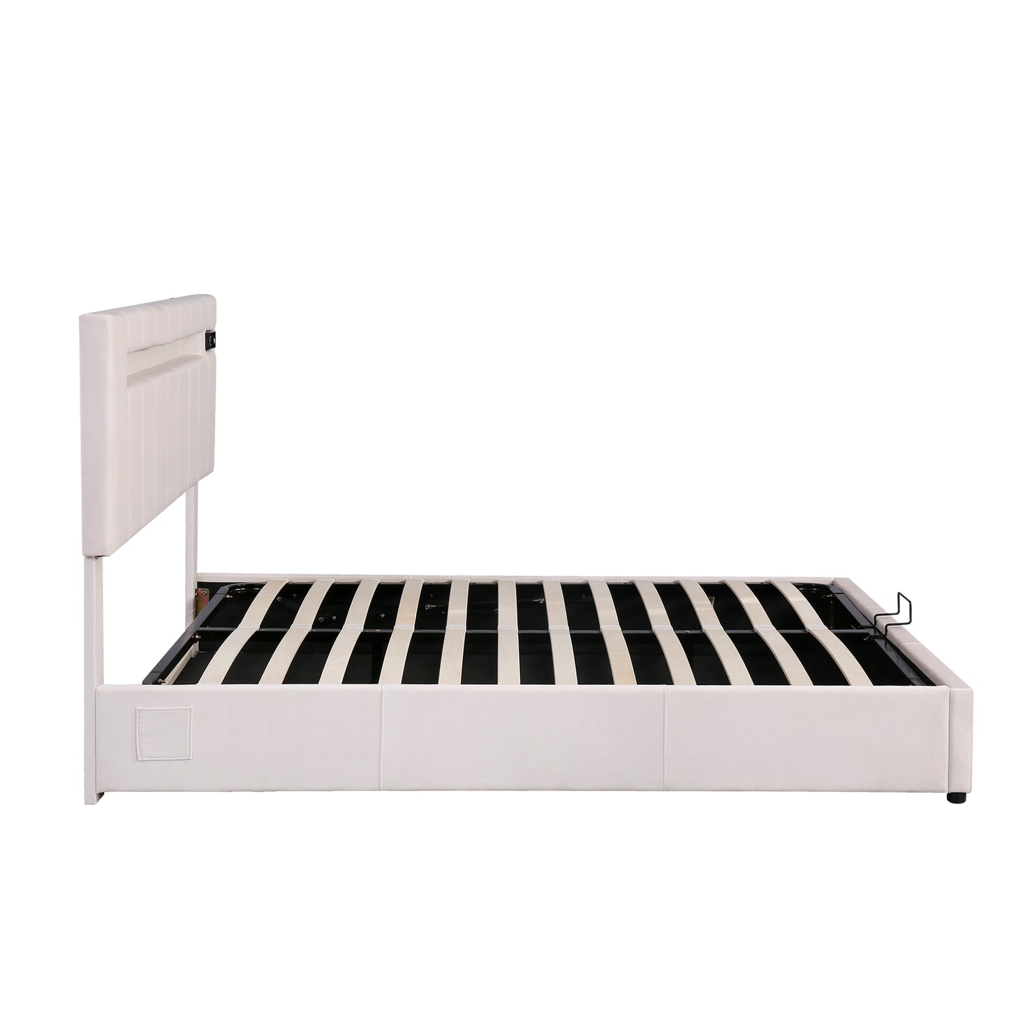 Lit rembourré Queen Size avec lumière LED, lecteur Bluetooth et chargement USB, lit de rangement hydraulique en tissu velours beige