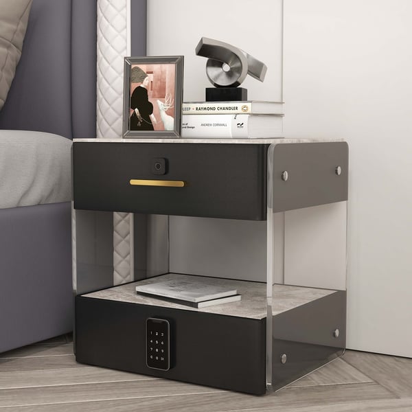 Modern Black Smart Leather Nightstand with Light & Sintered Stone Top & Fingerprint Lock