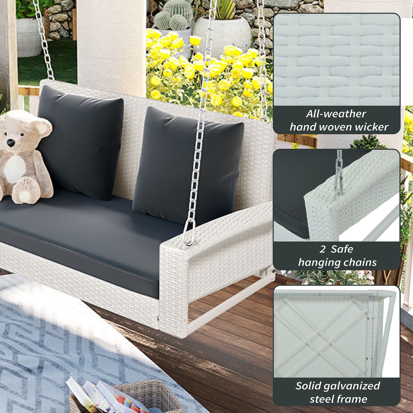 GO Balançoire de porche suspendue en osier pour 2 personnes avec chaînes, coussin, oreiller, banc de balançoire en rotin pour jardin, cour, étang. (Osier blanc, coussin gris)