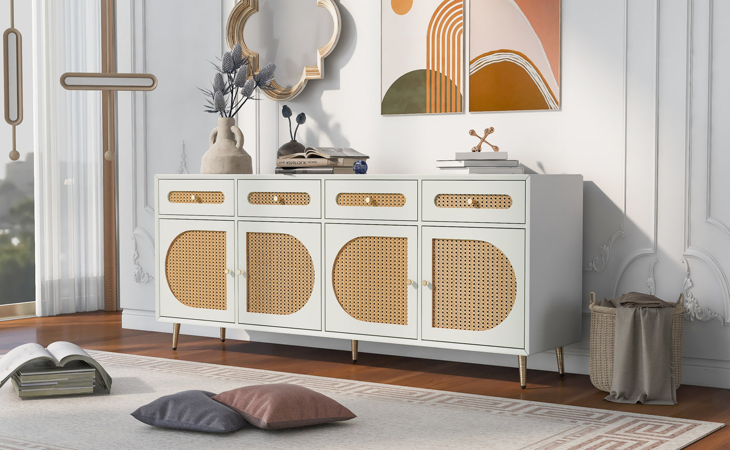 U-Can Meuble TV avec porte en rotin, table console multimédia tissée avec étagères réglables pour téléviseurs jusqu'à 65", buffet de rangement pour salon