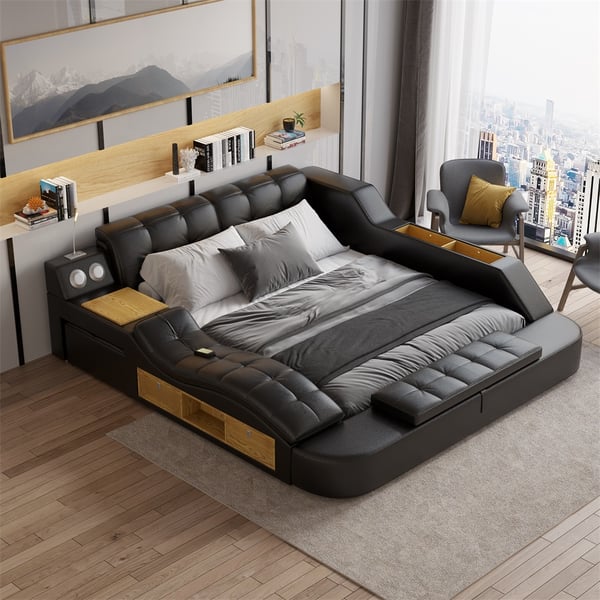 Black Smart Bed King Size Tufted Platform Bed with Massage, Storage & Speaker
