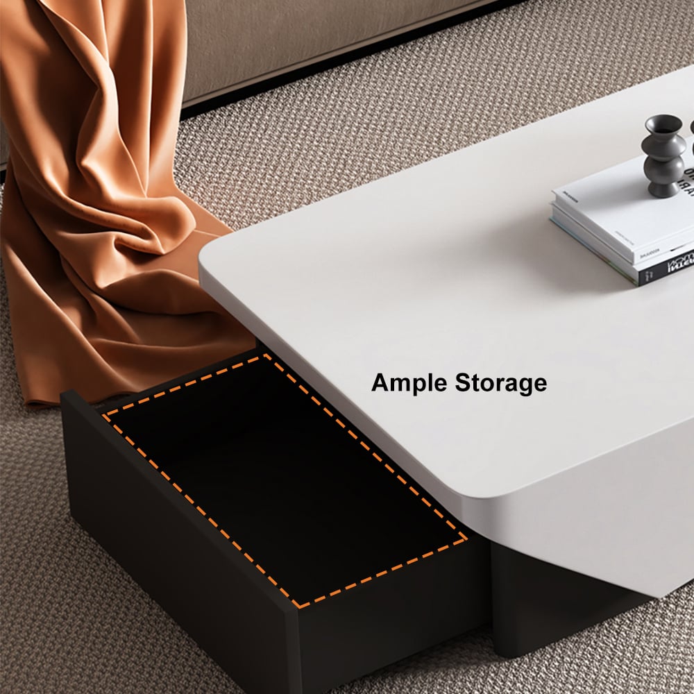47" Block Coffee Table White Rectangular with Drawer Storage in Black