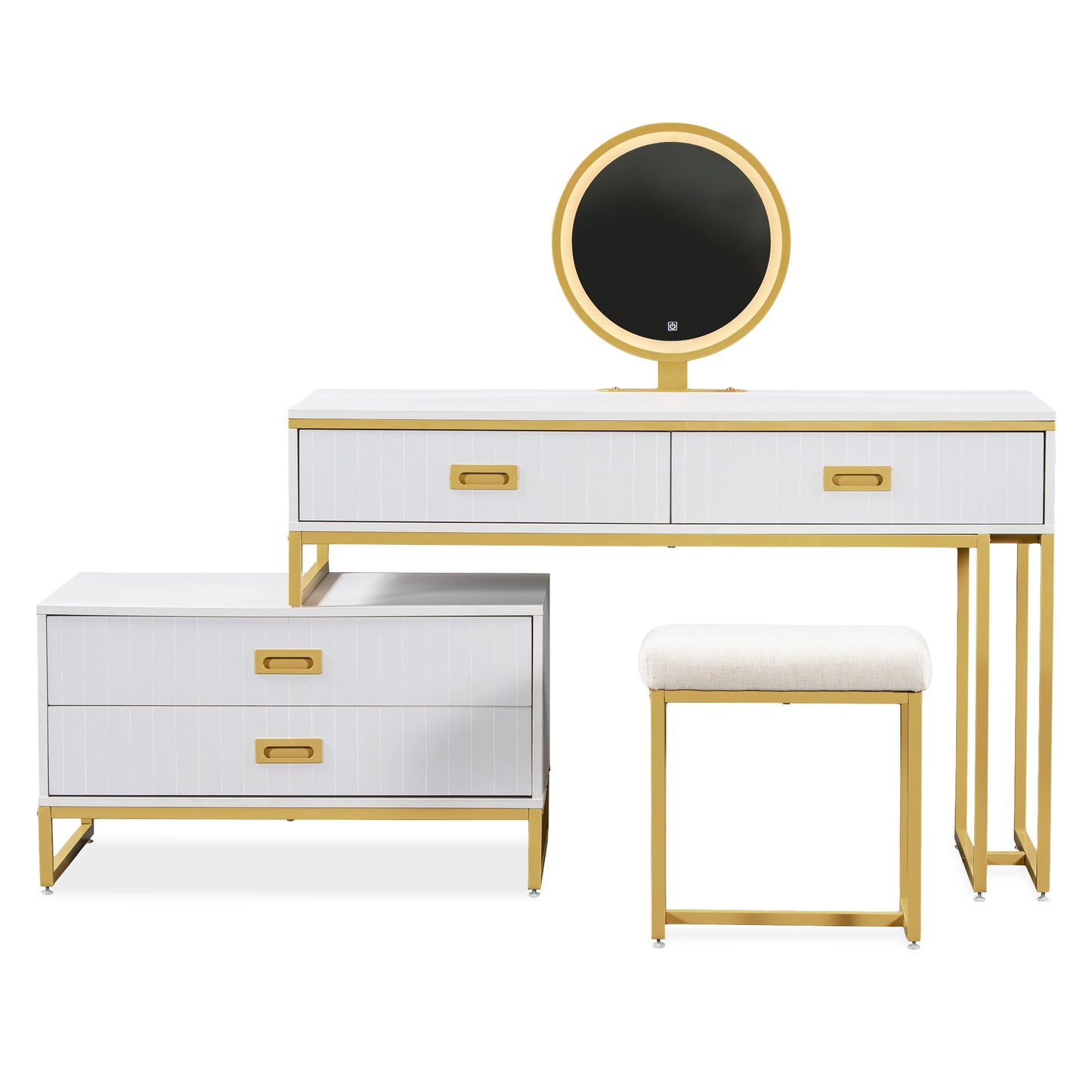 Modern Style Vanity Table With Movable Side Cabinet And 4-Drawers, Large Size Dressing Table With Mirror and 3-colors LED Light, Makeup Table With Stool, White, Golden Legs