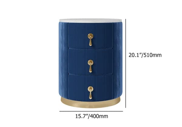 Blue Velvet Nightstand with Storage Sintered Stone Top Round Nightstand with 3 Drawers