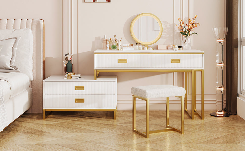 Modern Style Vanity Table With Movable Side Cabinet And 4-Drawers, Large Size Dressing Table With Mirror and 3-colors LED Light, Makeup Table With Stool, White, Golden Legs