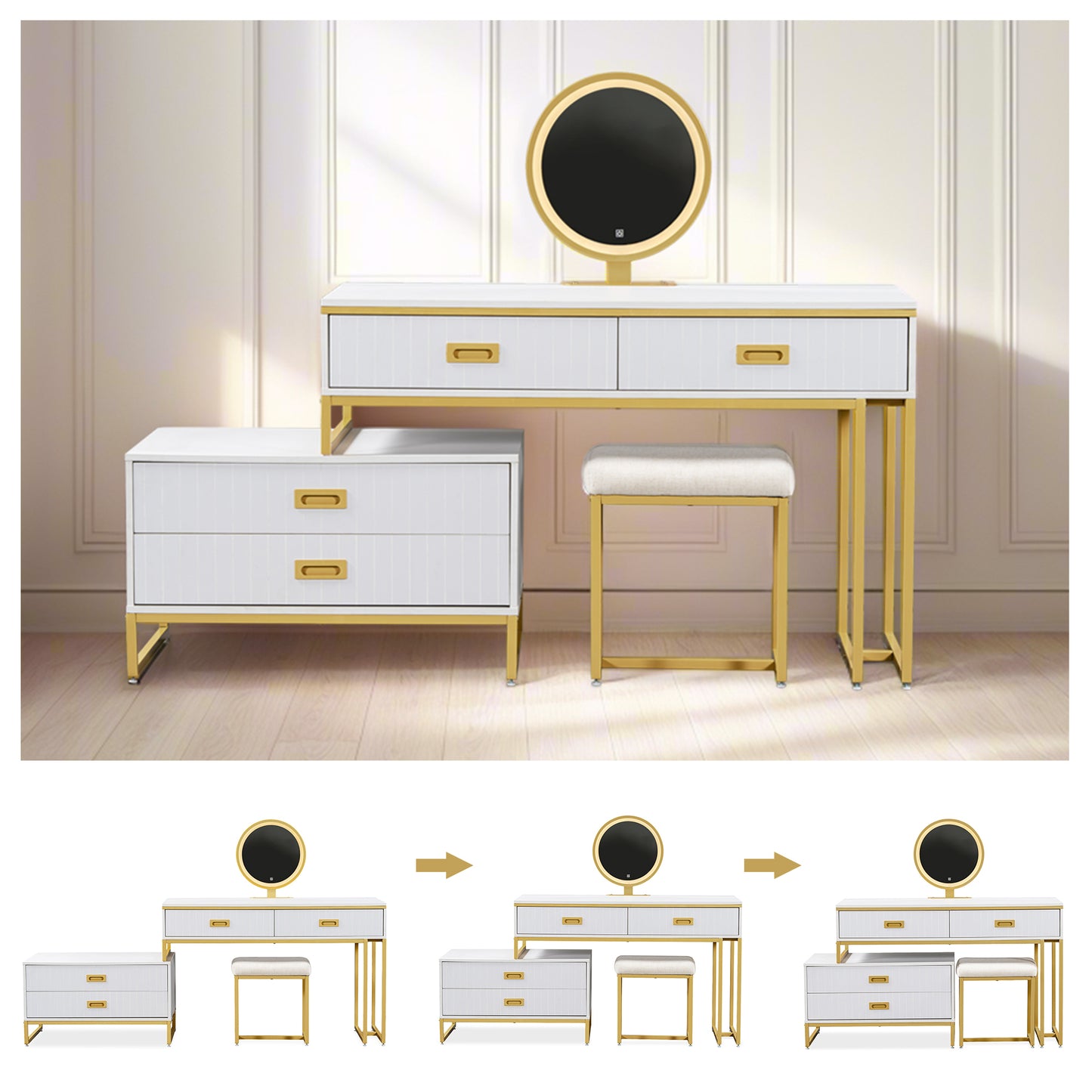 Modern Style Vanity Table With Movable Side Cabinet And 4-Drawers, Large Size Dressing Table With Mirror and 3-colors LED Light, Makeup Table With Stool, White, Golden Legs