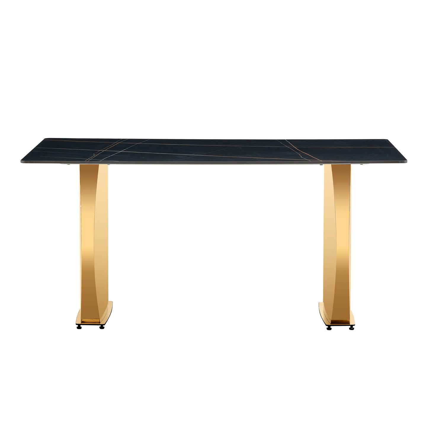 Stylish 63" Rectangular Table with Black Patterned Top and Gold Legs - Perfect for Dining Room and Living Space