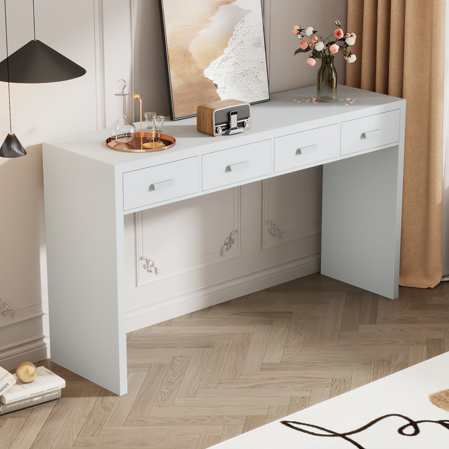 TREXM Modern Minimalist Console Table with Open Tabletop and Four Drawers with Metal Handles for Entry Way, Living Room and Dining Room (White)