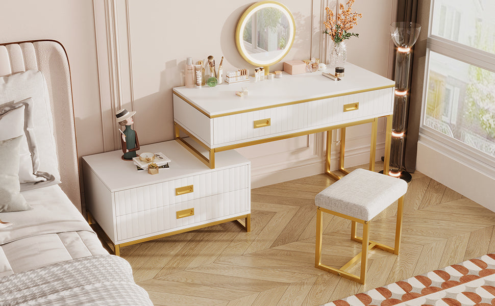 Modern Style Vanity Table With Movable Side Cabinet And 4-Drawers, Large Size Dressing Table With Mirror and 3-colors LED Light, Makeup Table With Stool, White, Golden Legs