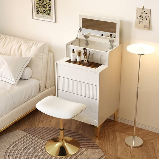 Modern Mini White Makeup Vanity Set Dressing Table with Mirror & Stool